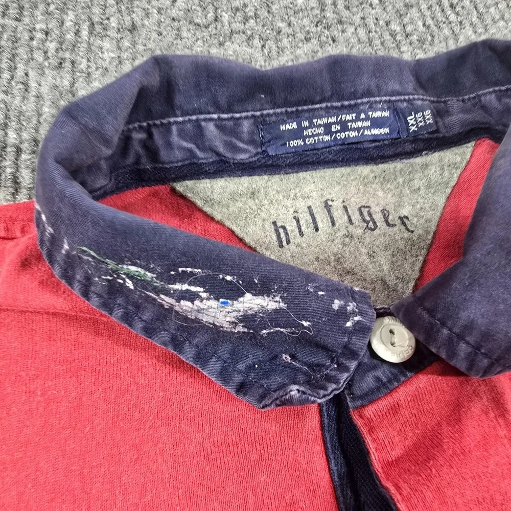 Vintage 90s Hilfiger Rugby Shirt Mens 2XL Red Navy‎ Polo Collar Y2K Preppy